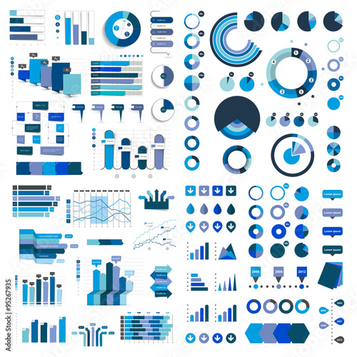 Mega Collection of charts, graphs, flowcharts, diagrams and infographics elements. Infographics in blue color.
