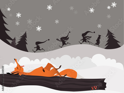 Red fox in the winter christmas forest and cute elves