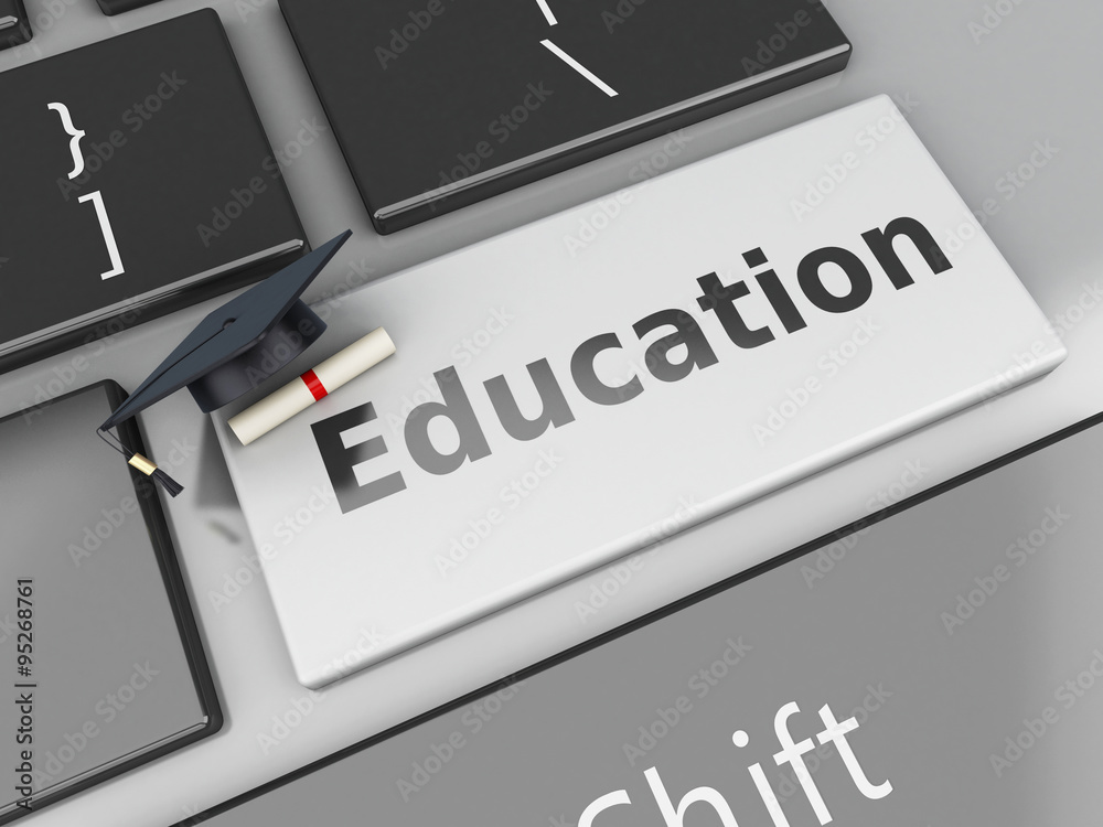 3d graduation cap and diploma on computer keyboard. 3d graduation cap and diploma on computer keyboard.