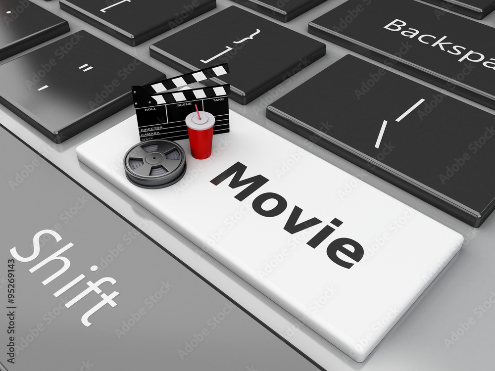 Naklejka premium 3d Clapper board with Film reel on computer keyboard.