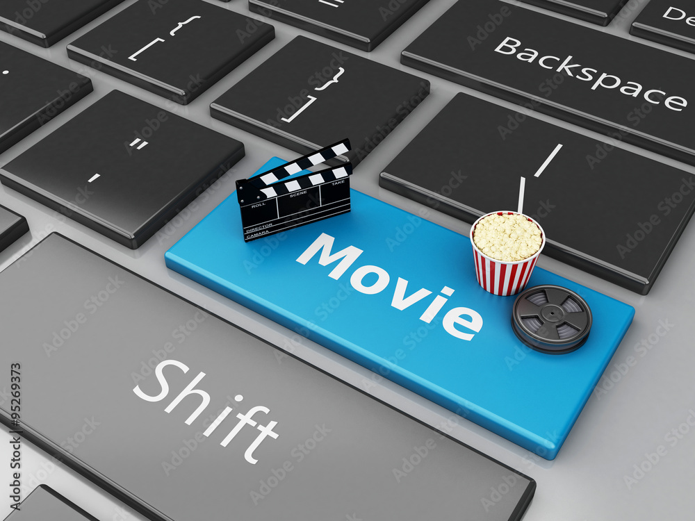 Naklejka premium 3d Popcorn, clapper board and film reel on computer keyboard.