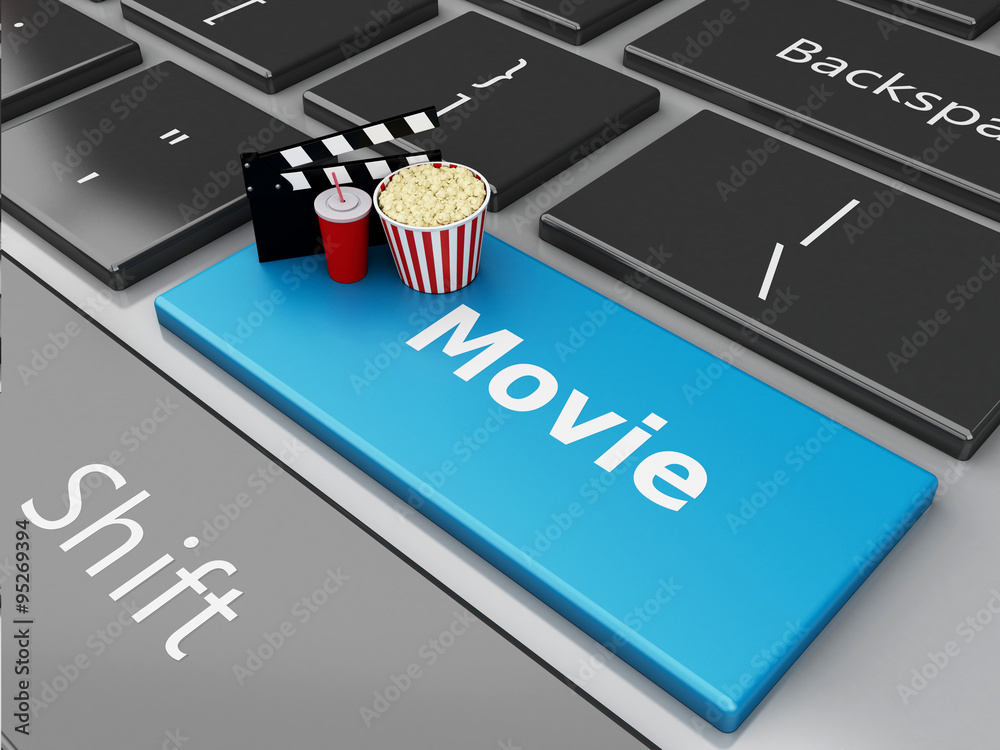 Naklejka premium 3d Popcorn and cinema clapper board on computer keyboard.