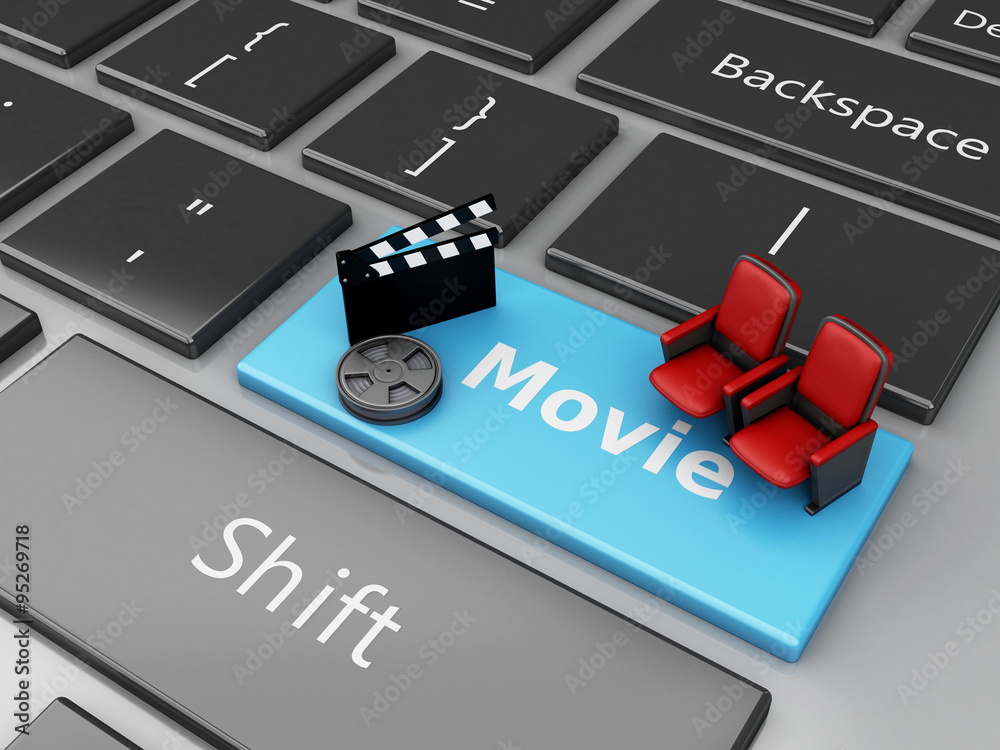 Naklejka premium 3d Cinema Clapper board and theater seat on computer keyboard.