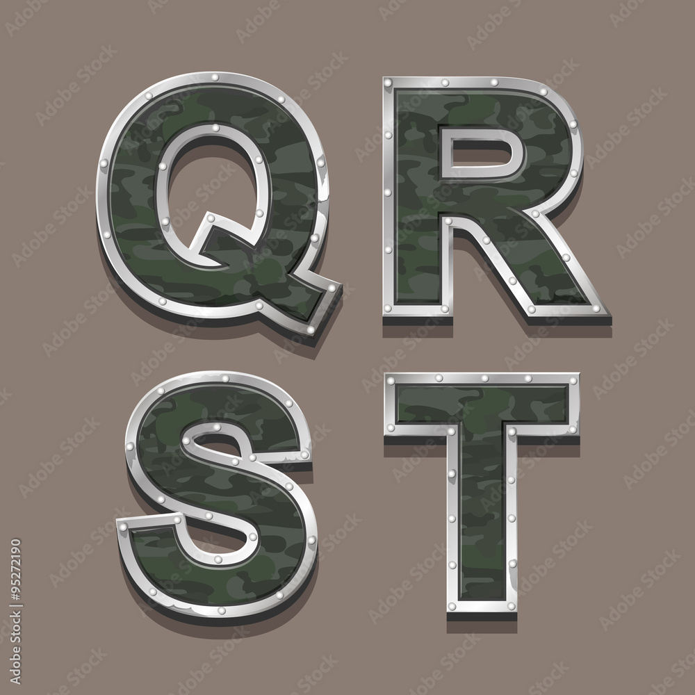 Military letters alphabet. Steel Metallic khaki Font Military letters alphabet. Steel Metallic khaki Font