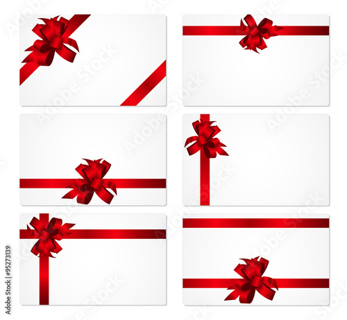 Gift Card with Red Bow and Ribbon Set Vector Illustration