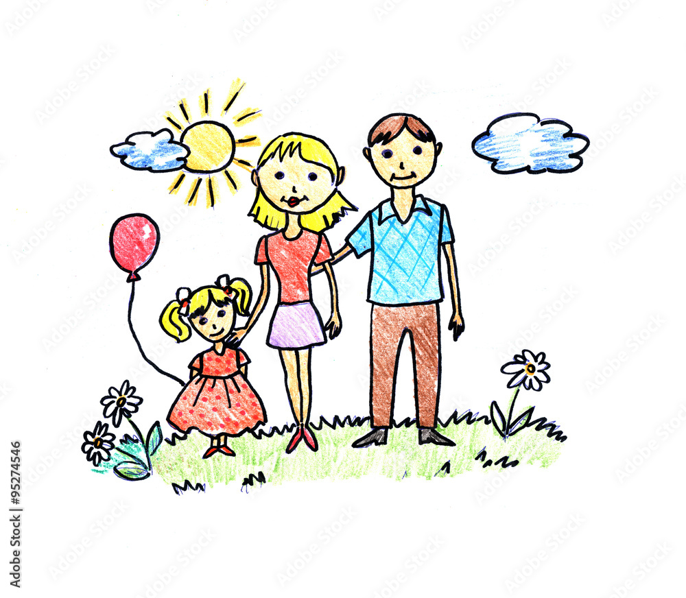 Drawing of happy family on white background Drawing of happy family on white background