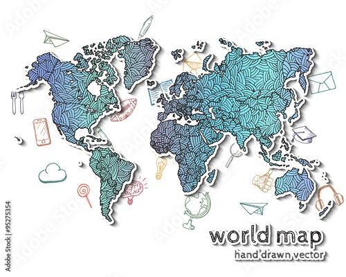 Hand drawn realistic world map.