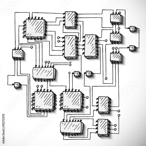 Printed circuit board, hand drawn.