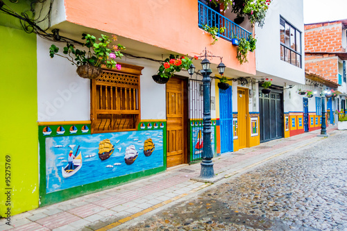 Beautiful and colorful streets in Guatape, known as town of Zocalos. Colombia