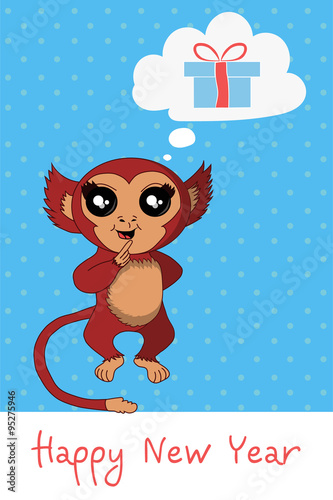 Monkey - symbol 2016 year. Greeting card with funny monkey.