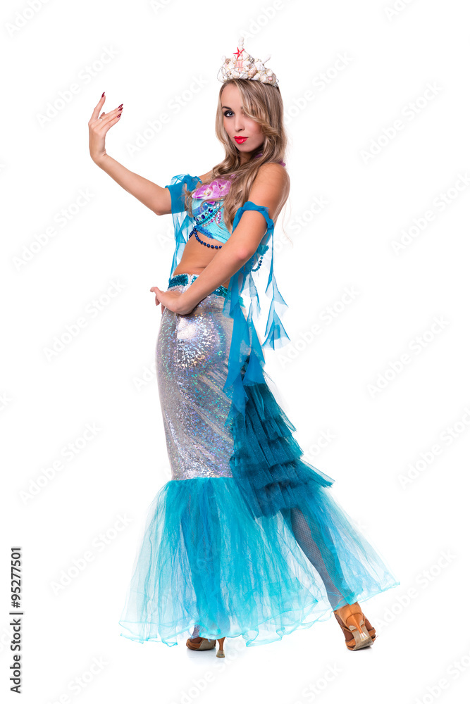 Carnival dancer woman dressed as a mermaid posing, isolated on white Carnival dancer woman dressed as a mermaid posing, isolated on white