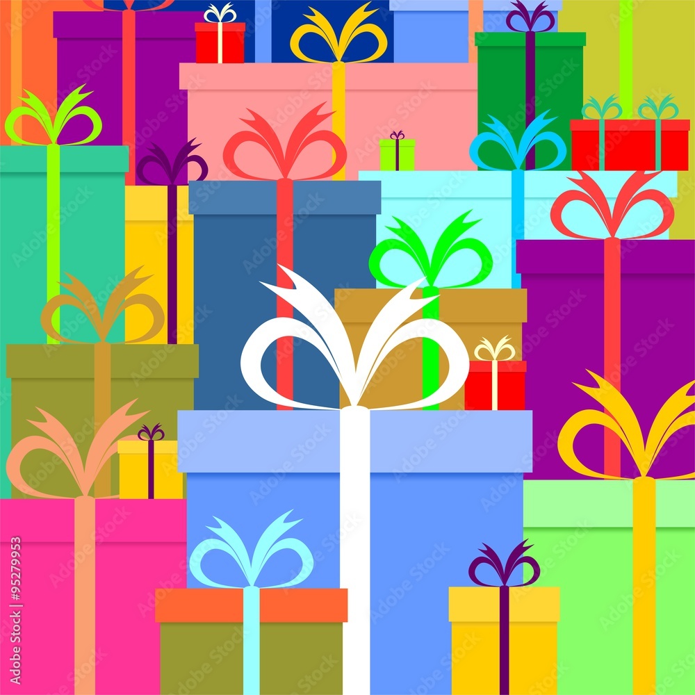 Colorful background of colorful gifts and colorful packages of different sizes stacked together up tied colored ribbons 