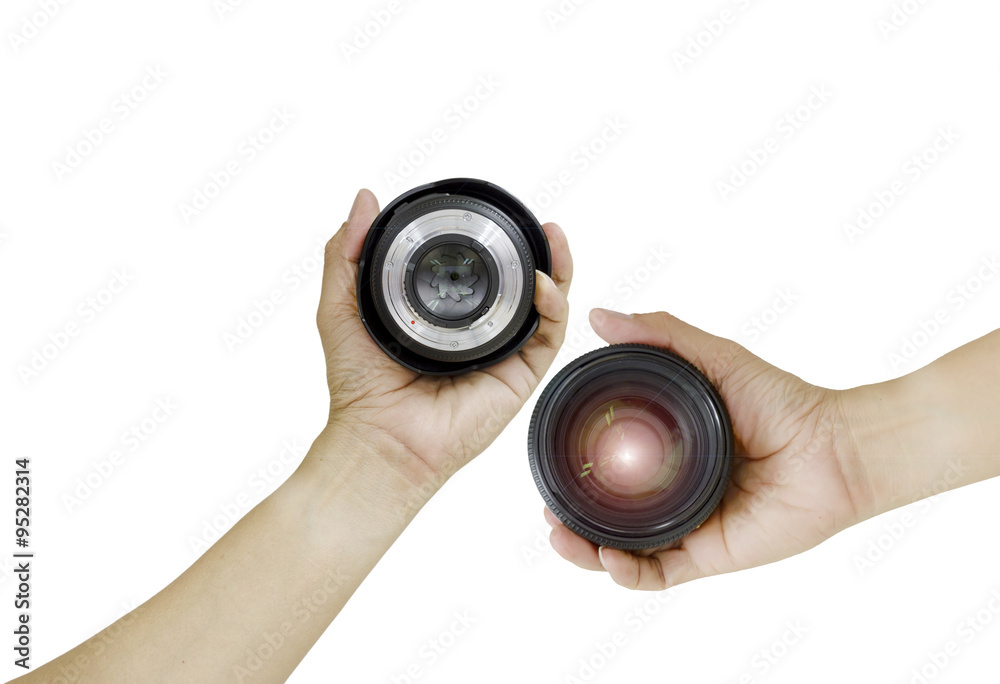 man hand holding lens. man hand holding lens.
