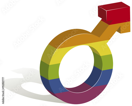 3D illustration of a male gender symbol in the colors of the gay flag