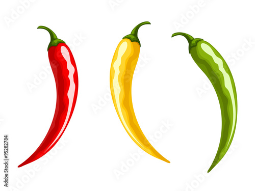 Vector set of red, yellow and green hot chili pepper isolated on a white background. photo