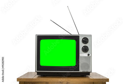 Vintage Television on Wood Table Isolated on White with Chroma K