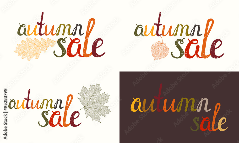 Naklejka Set of Autumn sale inscription with autumn skeletal leaves. Handwritten letters painted in autumn colors. Can be used for flyer, banner, poster, card, postcard, label, invitation. Vector illustration.