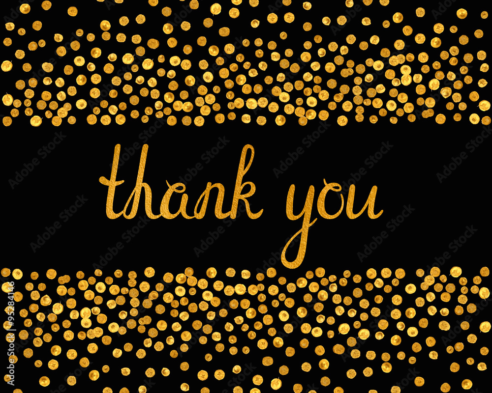 Thank you inscription with falling golden dots on black background.  Handwritten letters with gold texture. You can use it for invitation,  flyer, postcard, greeting card, banner. Vector illustration. Stock Vector |  Adobe