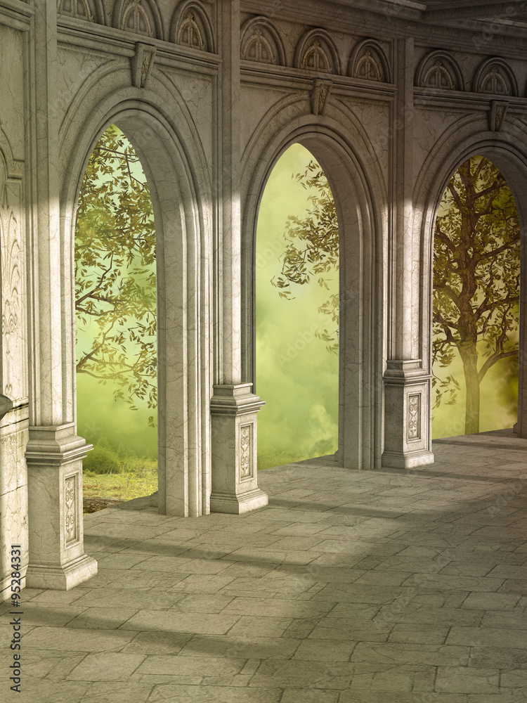 Fantasy landscape with forest outside and corridor