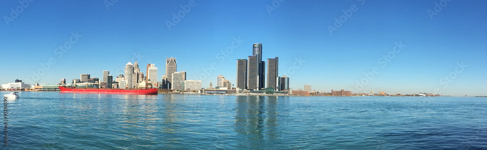 Panorama of the Detroit, Michigan Skyline with freighter in foreground
