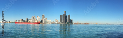 Panorama of the Detroit  Michigan Skyline with freighter in foreground