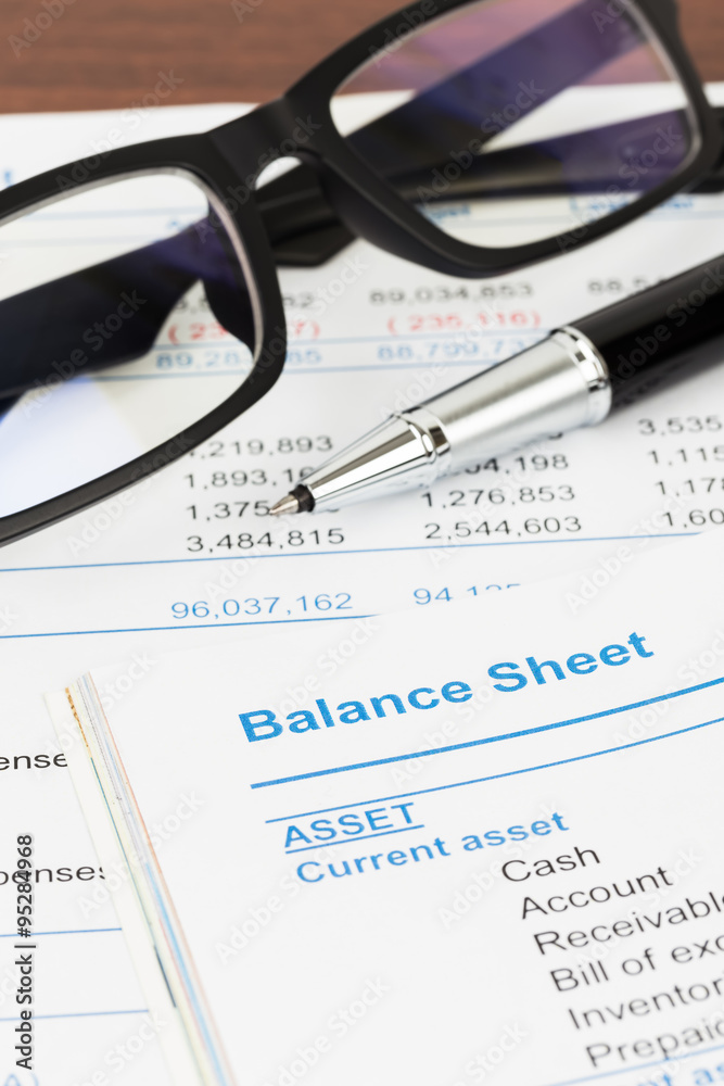 Balance sheet in stockholder report book, balance sheet is mock- Balance sheet in stockholder report book, balance sheet is mock-