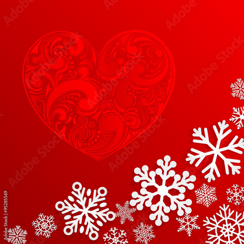 Christmas background with big heart and snowflakes