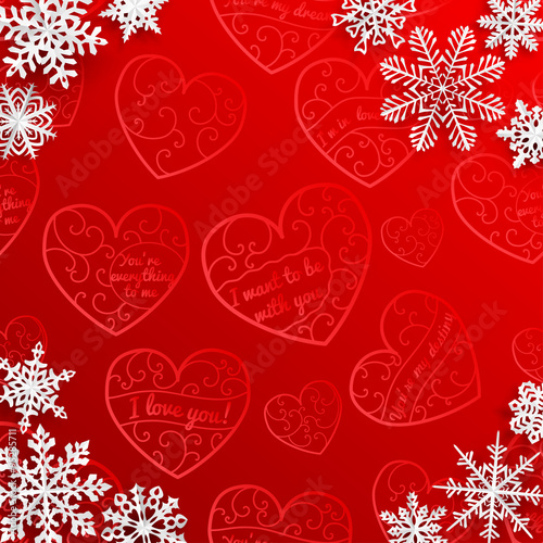 Christmas background with snowflakes on background of hearts