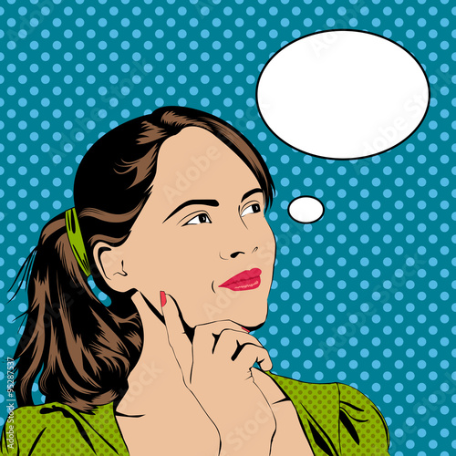 Thinking girl in pop art comics style with speech bubble for  text. Vector illustration pretty young woman.