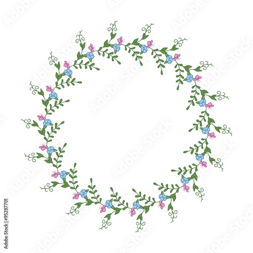 Floral round frame. Garland with hand drawn doodle flower. Design for  greeting  invitation card for birthday  valentine  wedding  and any  holiday.