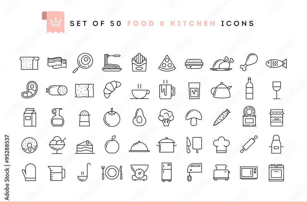 Fototapeta Zestaw 50 ikon żywności i kuchni, styl cienkich linii