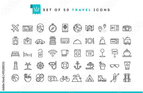 Set of 50 travel icons, thin line style