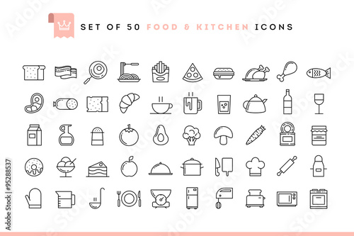 Fototapeta Zestaw 50 ikon żywności i kuchni, styl cienkich linii