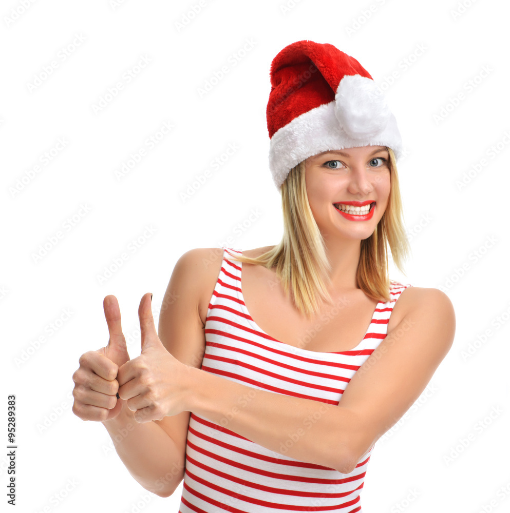 Portrait of joyful pretty woman in red santa claus hat laughing Portrait of joyful pretty woman in red santa claus hat laughing