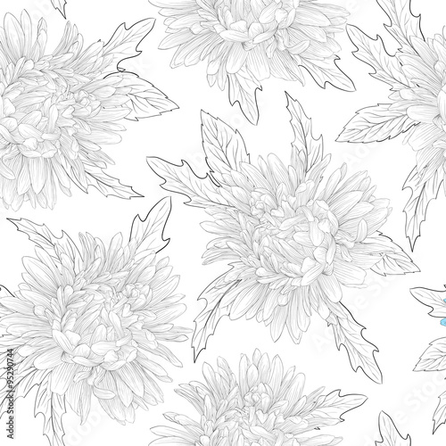 Beautiful monochrome black and white  seamless background with flowers.
