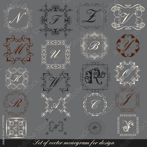 Vector set of calligraphic monogram for design. Calligraphic vec