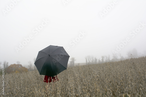 Woman in red dress with black umbrella against a morning foggy s