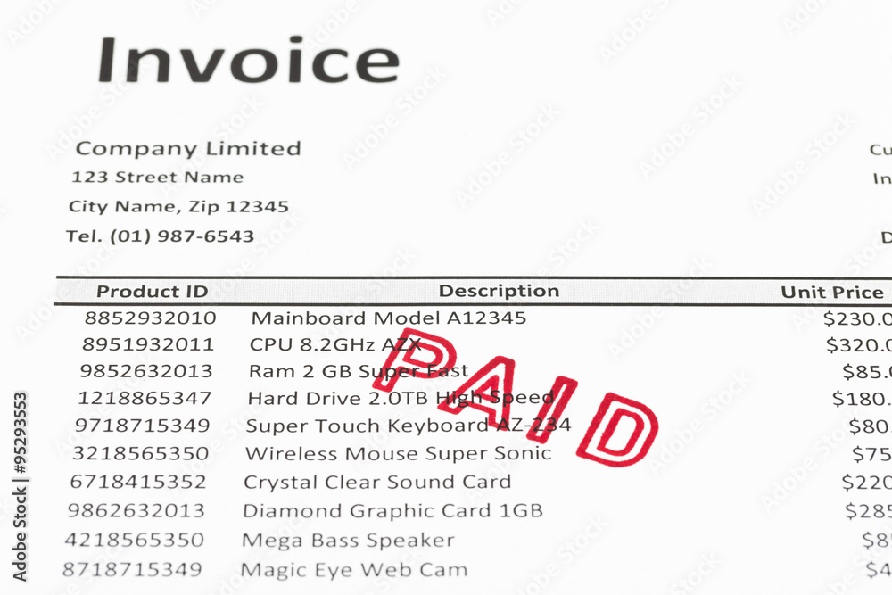 Invoice with paid stamp; invoice is mock-up Invoice with paid stamp; invoice is mock-up