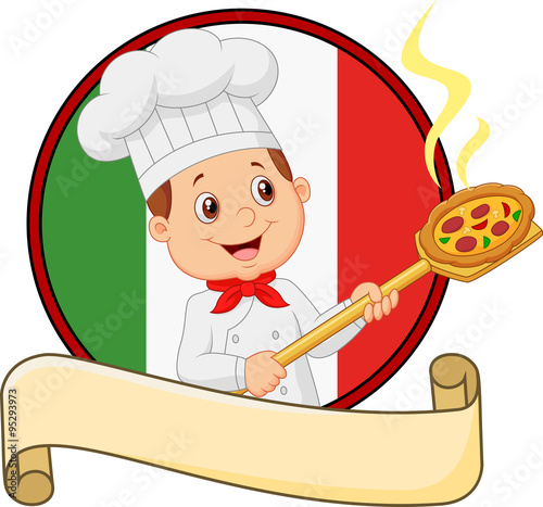 Cartoon pizza chef holding a pizza loading peal
