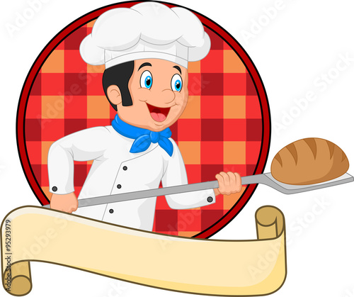 Cartoon baker holding bakery peel tool with bread
