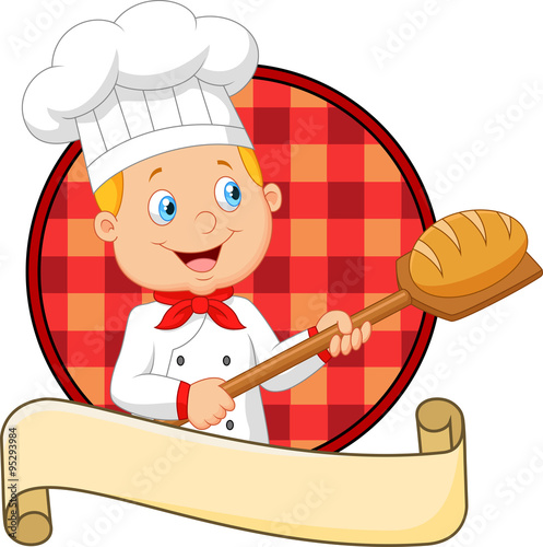 Cartoon baker holding bakery peel tool with bread