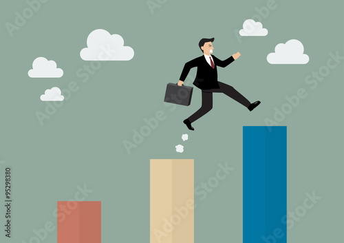 Businessman jumping up to a higher bar chart