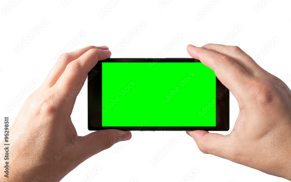 Man holds in two hands tablet PC in landscape mode with green screen isolated on white. Chroma key screen for placement of your own content.
Man holds in two hands tablet PC in landscape mode with green screen isolated on white. Chroma key screen for placement of your own content.