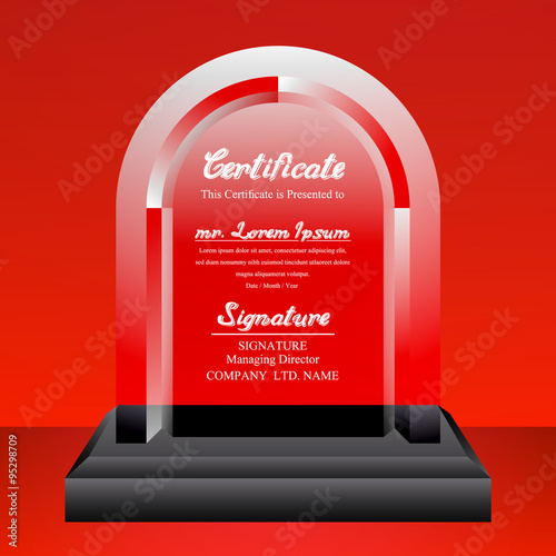 Crystal trophy certificate design template on red background. Vector Illustration