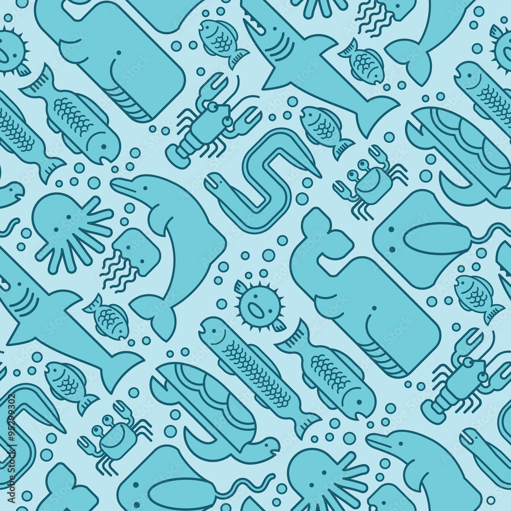 Obraz premium seamless pattern of stylized fishes, whales, sharks, dolphins and other sea life.