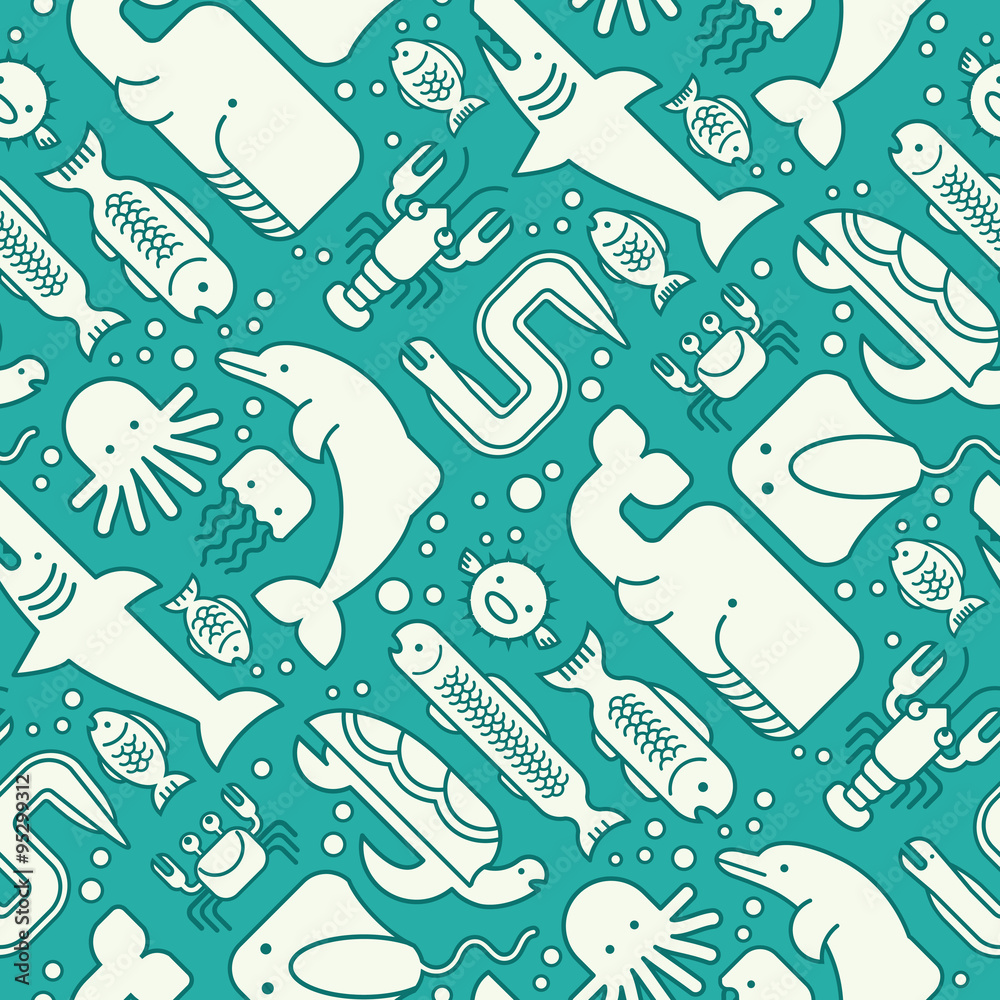 Obraz premium seamless pattern of stylized fishes, whales, sharks, dolphins and other sea life.