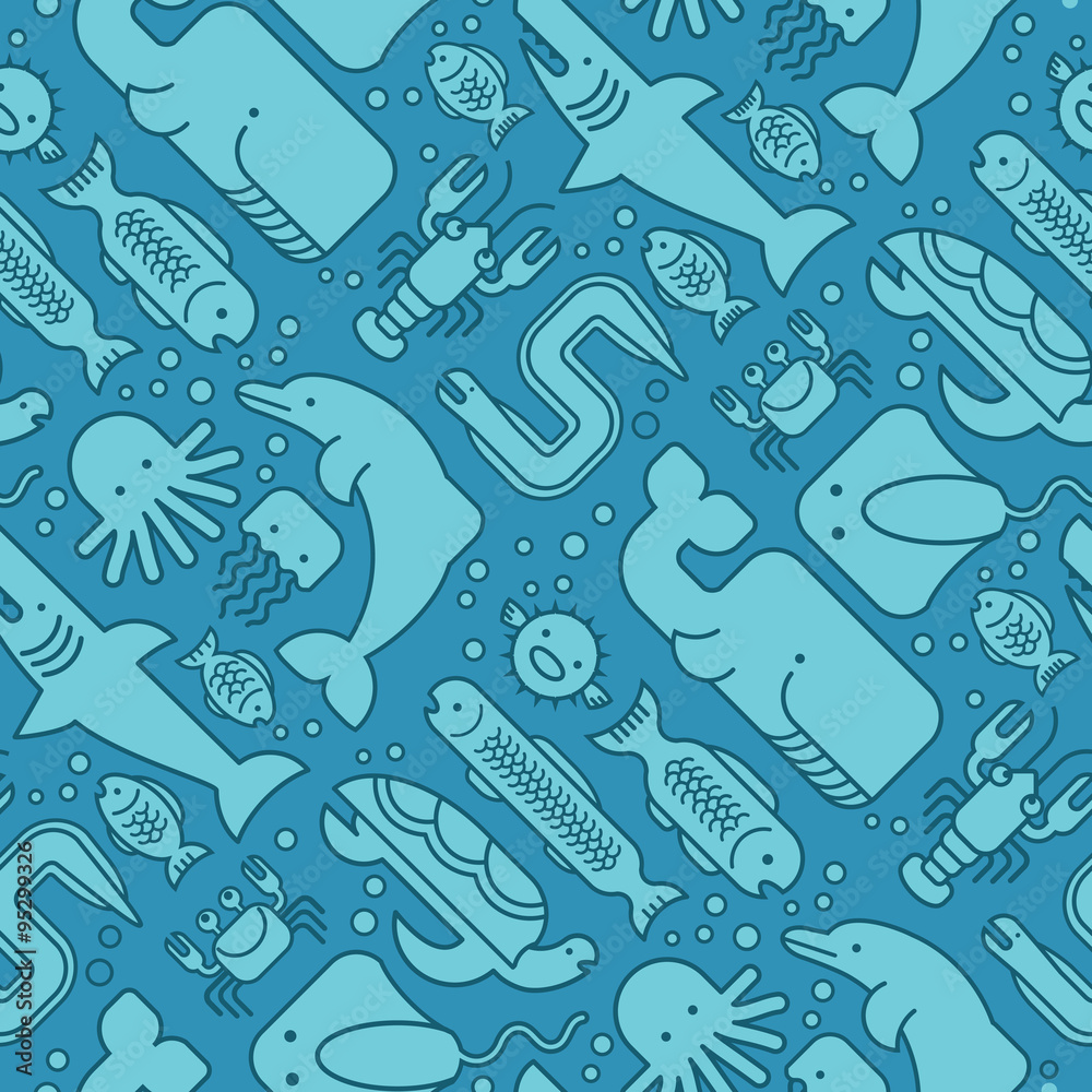 Obraz premium seamless pattern of stylized fishes, whales, sharks, dolphins and other sea life.