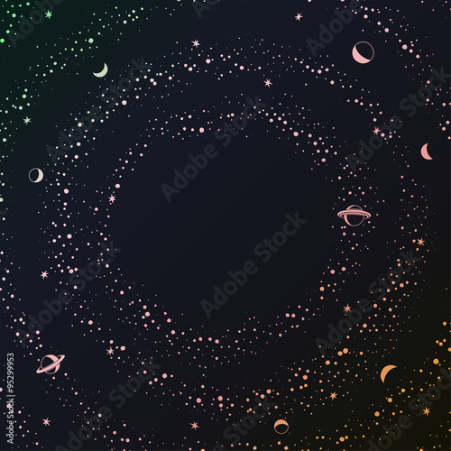 Retro futuristic frame with space, stars and planets