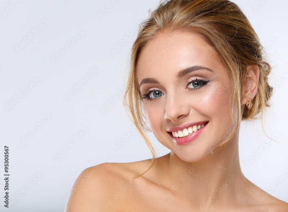 Portrait of beautiful woman on white background