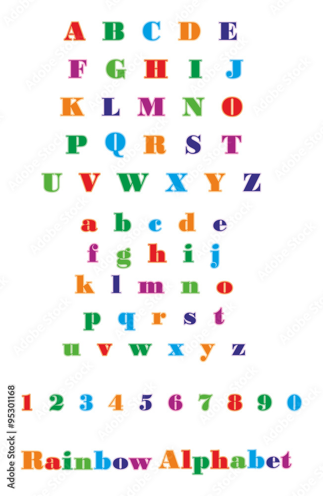 Colorful vector font, rainbow alphabet isolated background